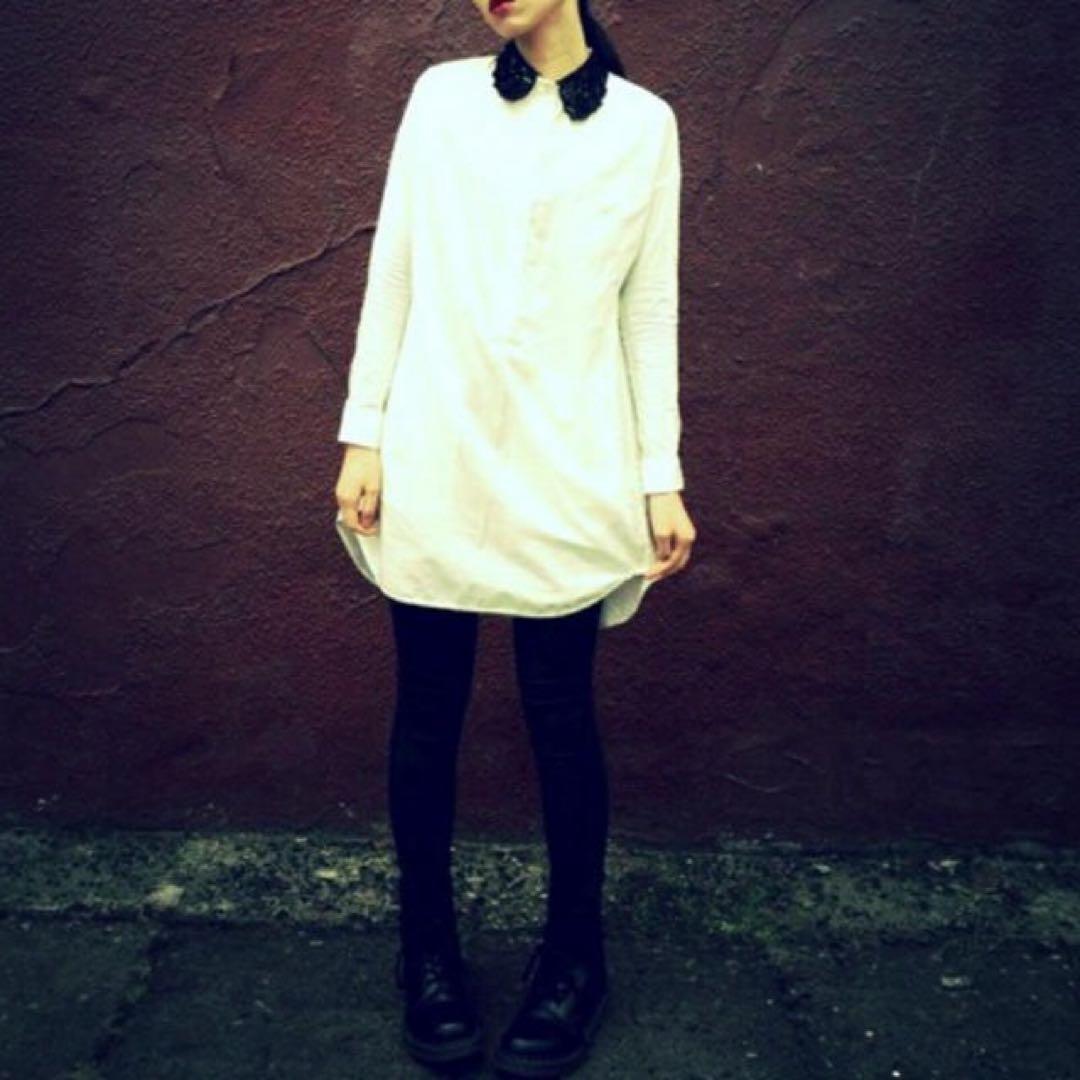 マメクロゴウチ　ロングシャツ　襟刺繍ワンピース