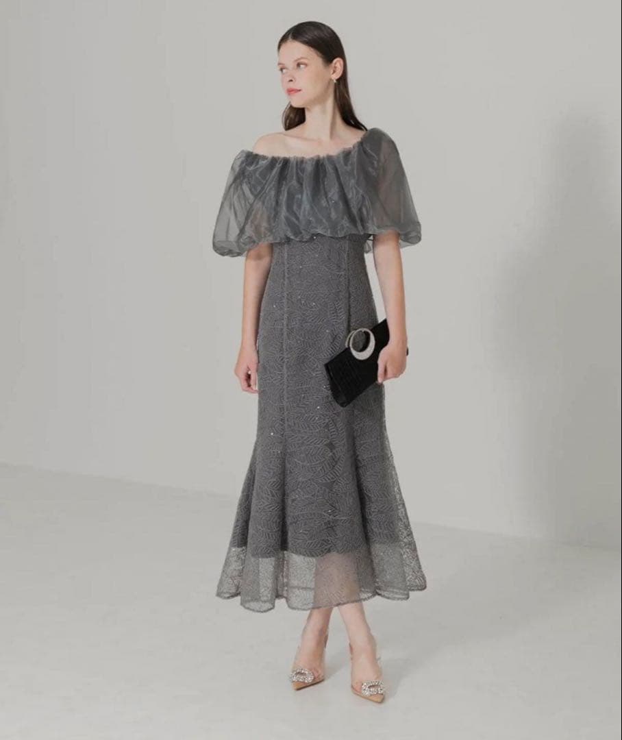 leja 2WAYオフショルダーパフスリーブマーメイドワンピースドレス グレーＳ