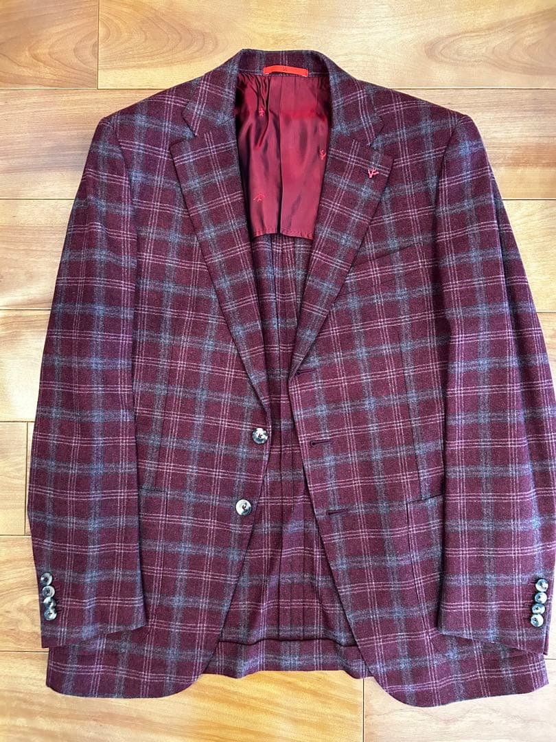 【新品未使用】ISAIA バーガンディチェックジャケット ウール混合
