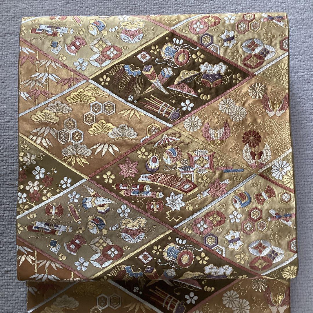 鈴乃屋　宝尽くし　高級六通袋帯　落ち着いた色味　結婚式　お正月　お祝い事に