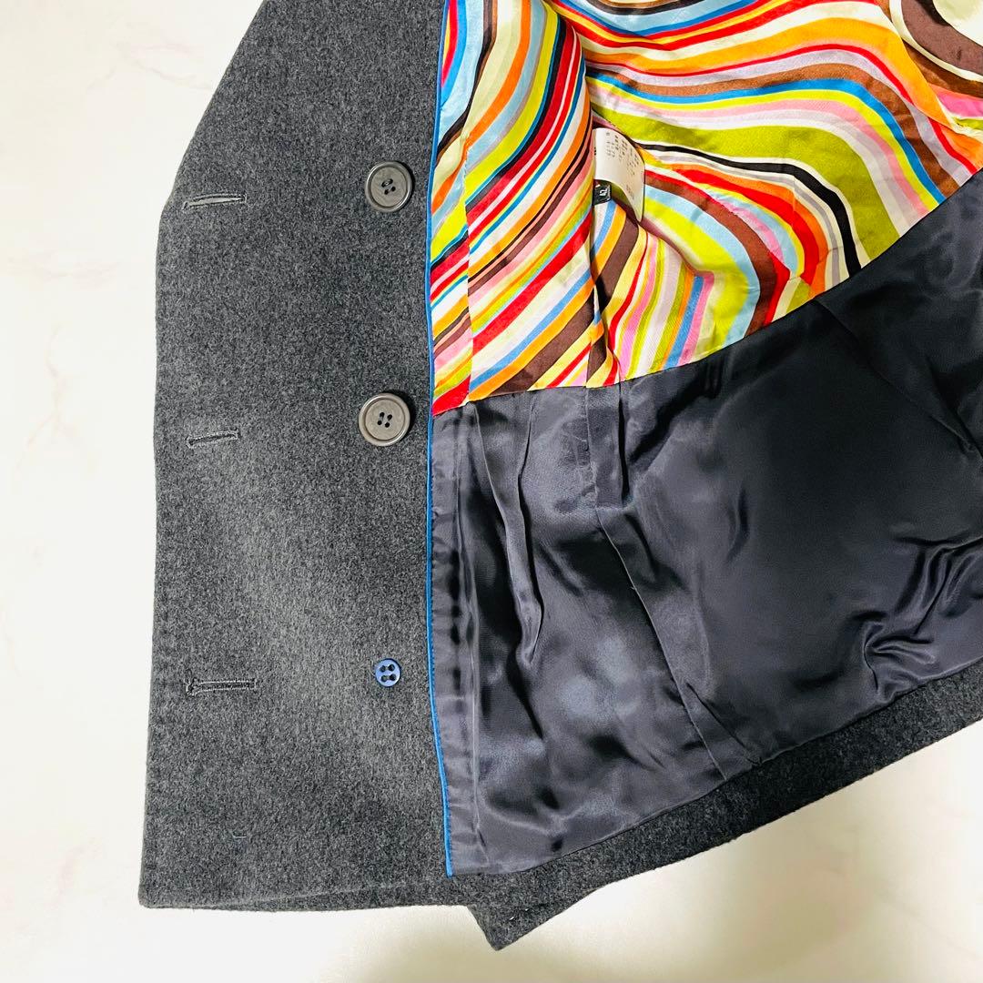 海*男様 美品✨　ポールスミス　ピーコート　カシミア混　マルチストライプ　グレー