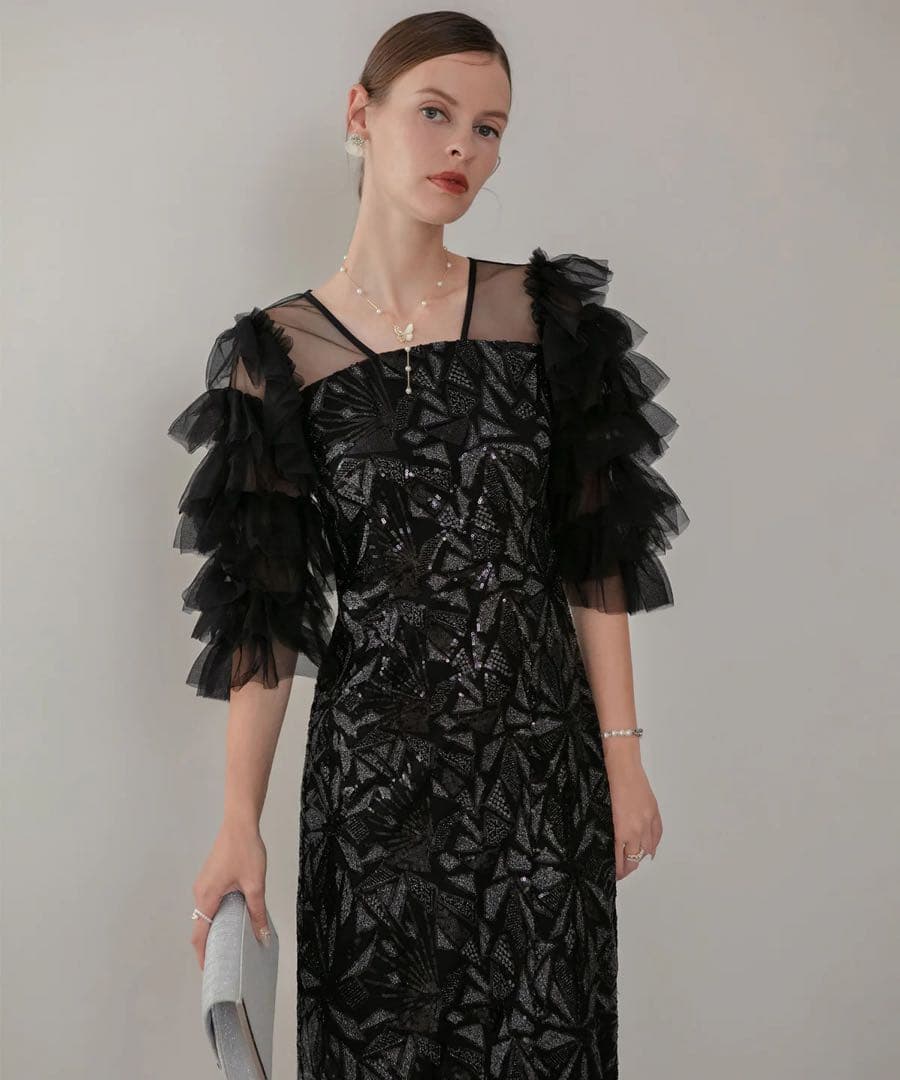 LEJA チュールフリルスリーブスパンコールIラインワンピースドレス