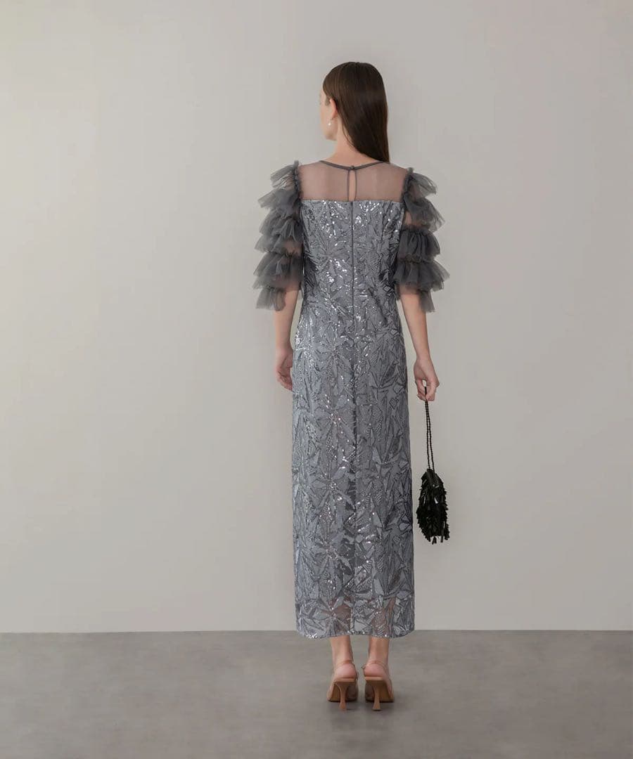 LEJA チュールフリルスリーブスパンコールIラインワンピースドレス