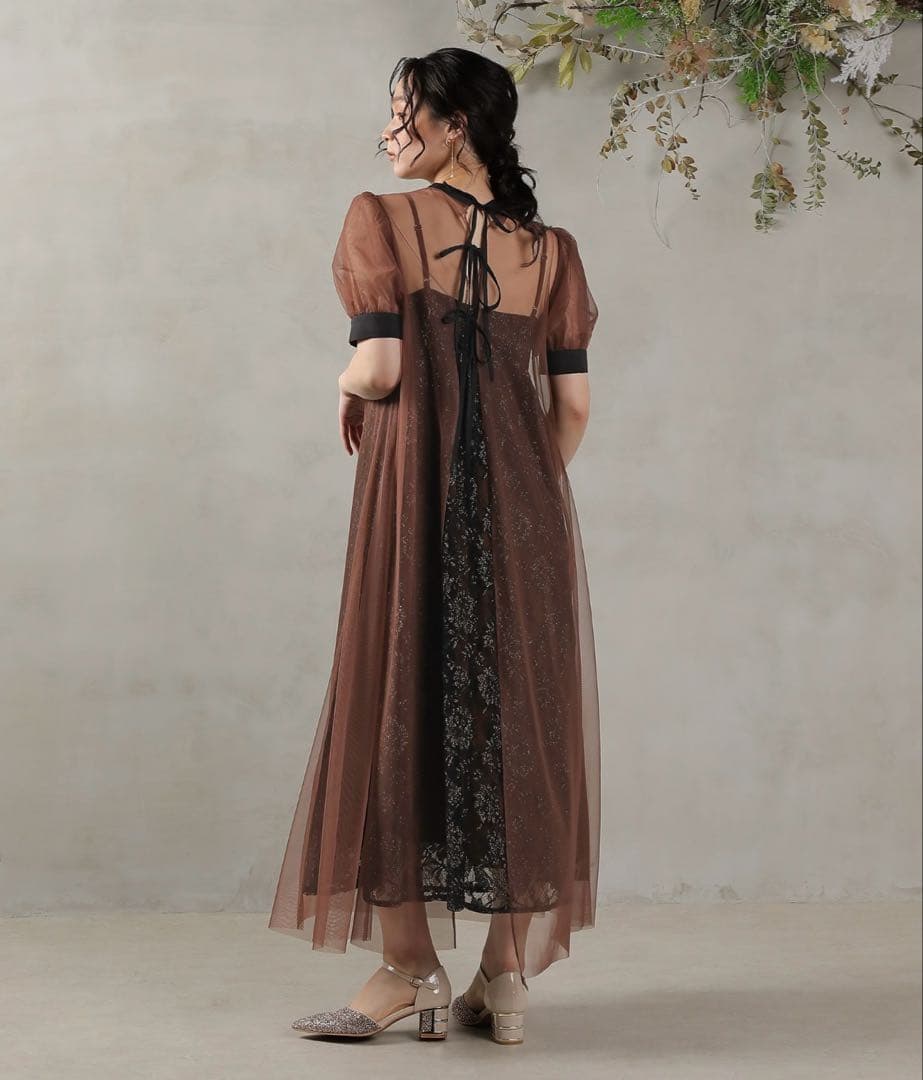 Kana チュールバックデザインリボンワンピ ラメレースキャミワンピ 2点セット