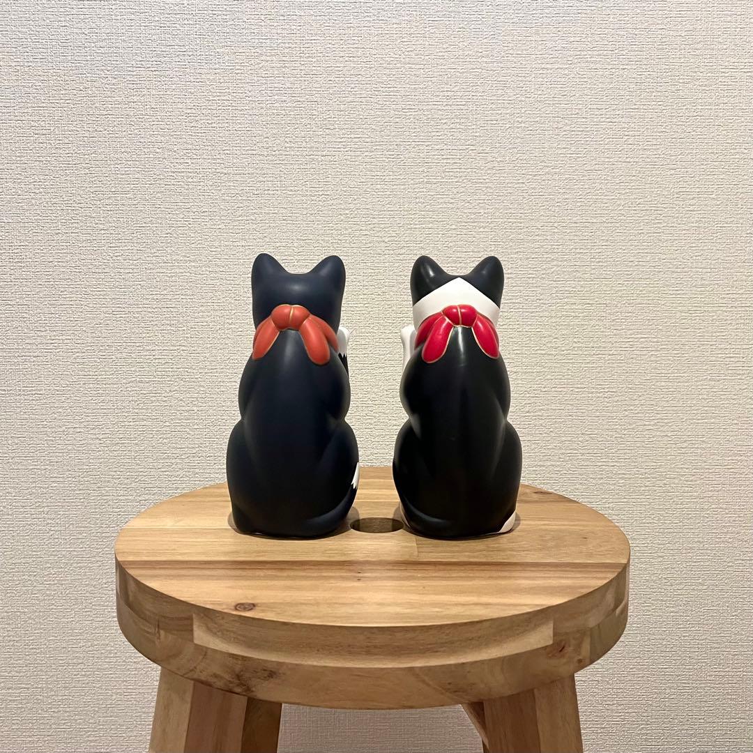 瀬戸焼　招き猫　ネイビー　ブチ　5号　2個セット　箱無し