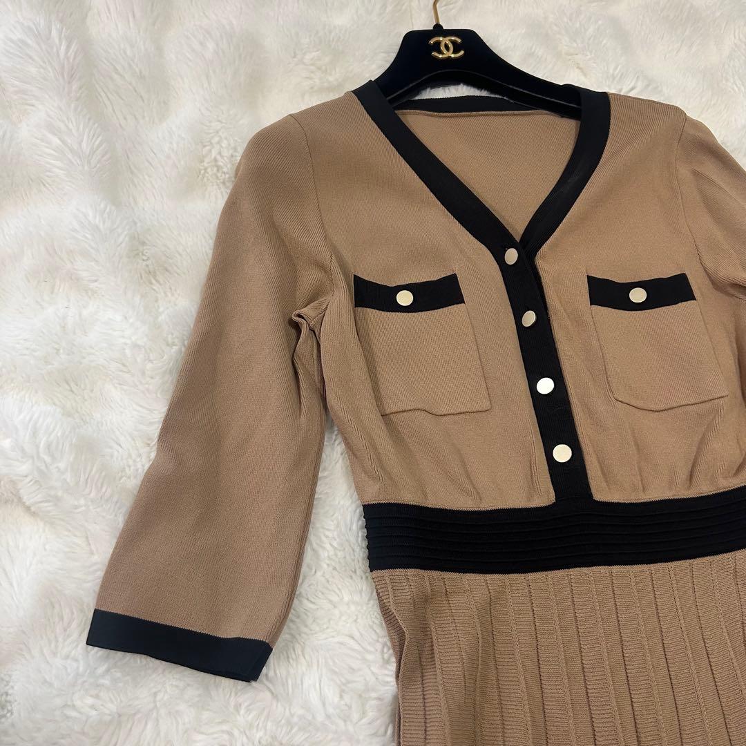 【美品】ダイアグラム 配色プリーツワンピース ロング 金ボタン バイカラー 36