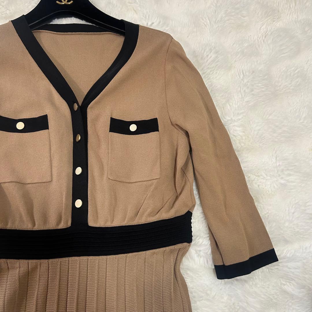 【美品】ダイアグラム 配色プリーツワンピース ロング 金ボタン バイカラー 36