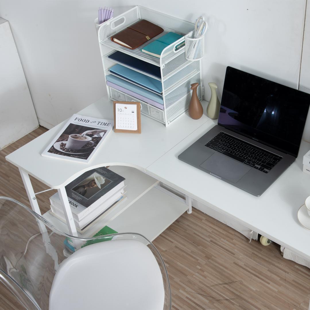 ホワイト パソコンデスクL字120cm2段ラック付デスク木製ミシン台書斎机勉強机