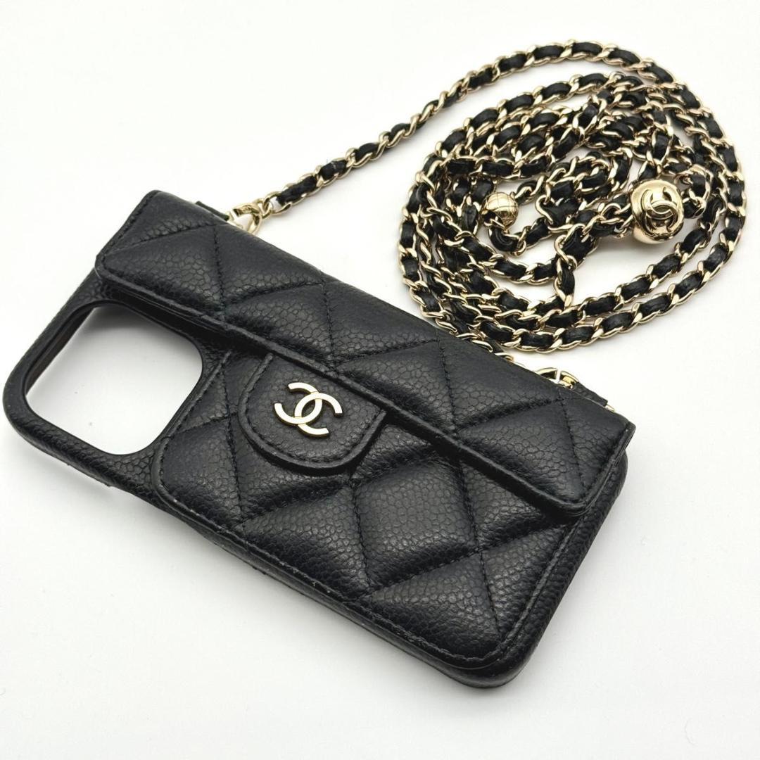 美品 CHANEL iPhone 13 Pro ケース キャビアスキン ブラック
