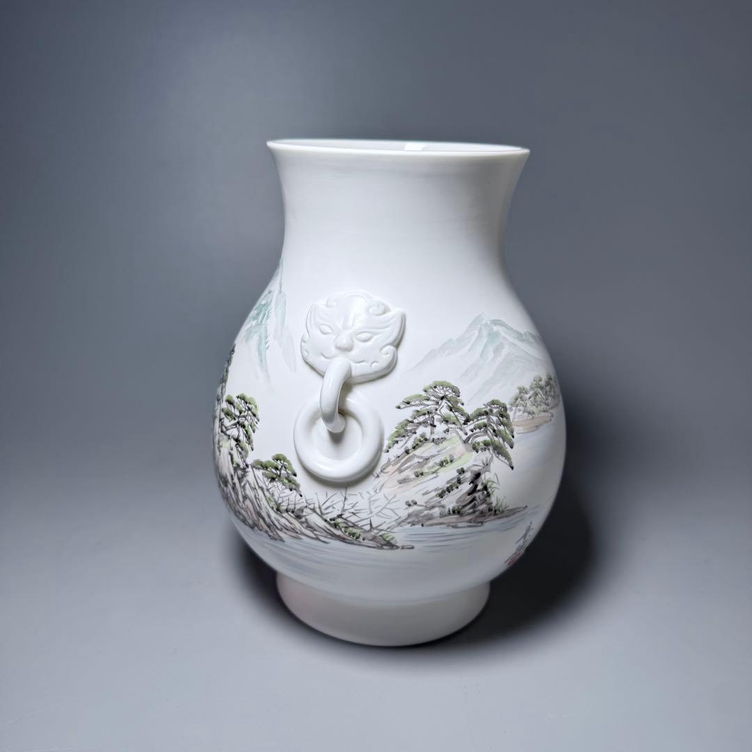 オールド深川製磁　山水図花瓶　銘有　昇然　高さ20.2cm　インテリア　有田焼