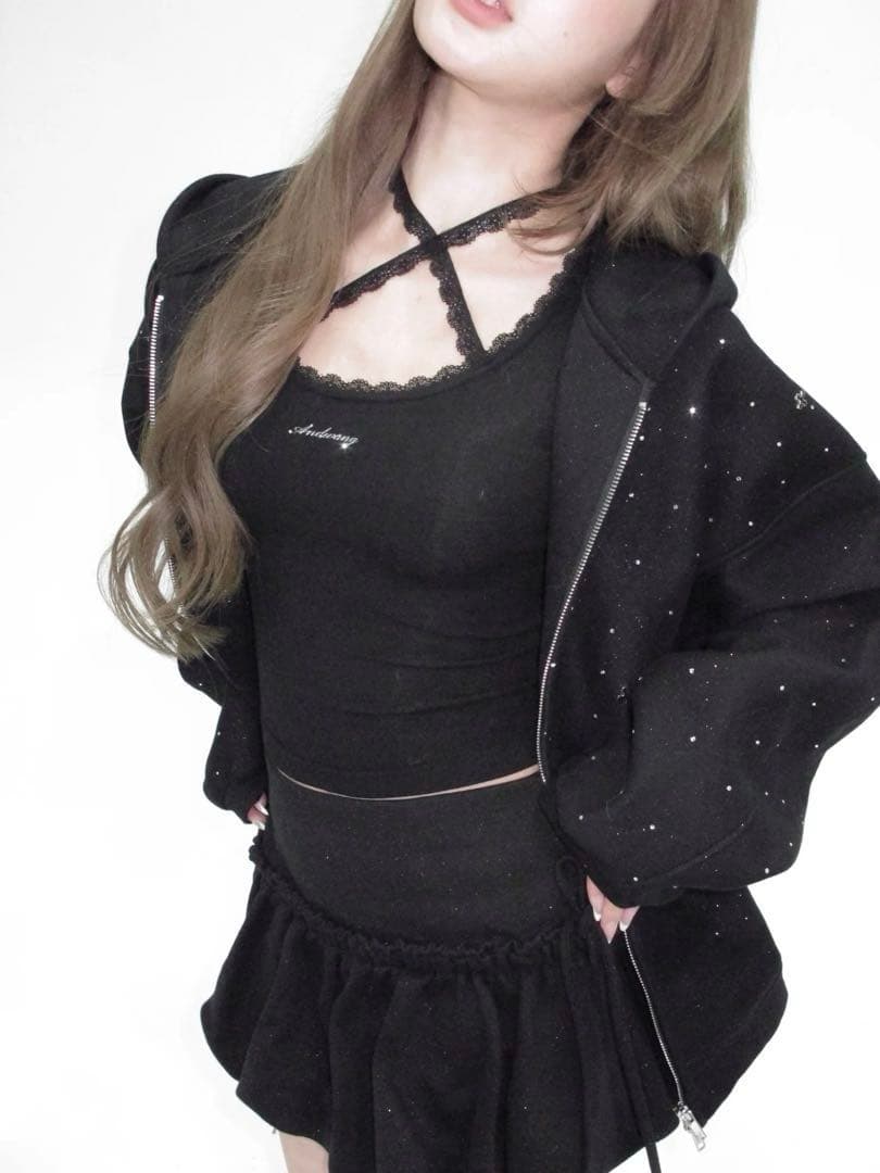 トップス Andwang Cross Lace Long Tee black