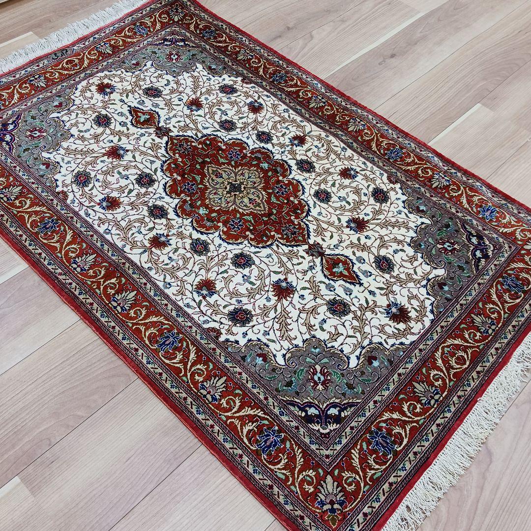 Y3292 高級ペルシャ絨毯 クム産 工房サイン シルク100% 手織り