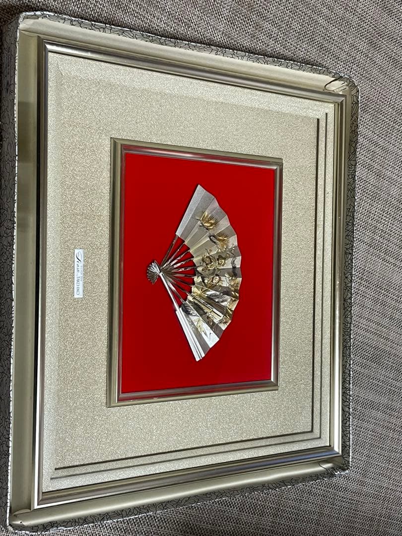 純銀製品 置物 和風デザインの扇子とサイン入り写真