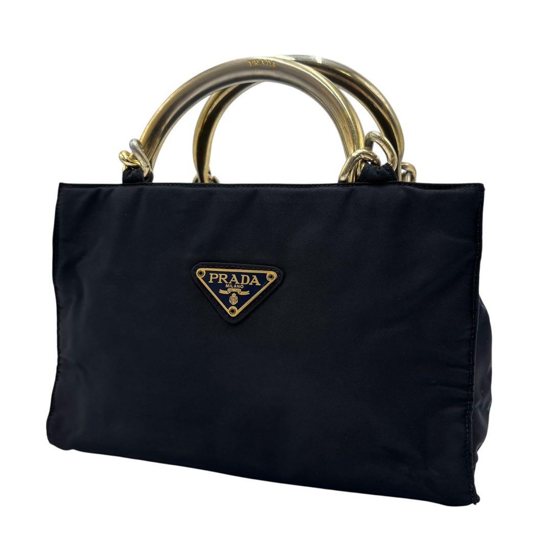 【美品】プラダPRADA ナイロン メタルハンドル ハンドバッグ 黒