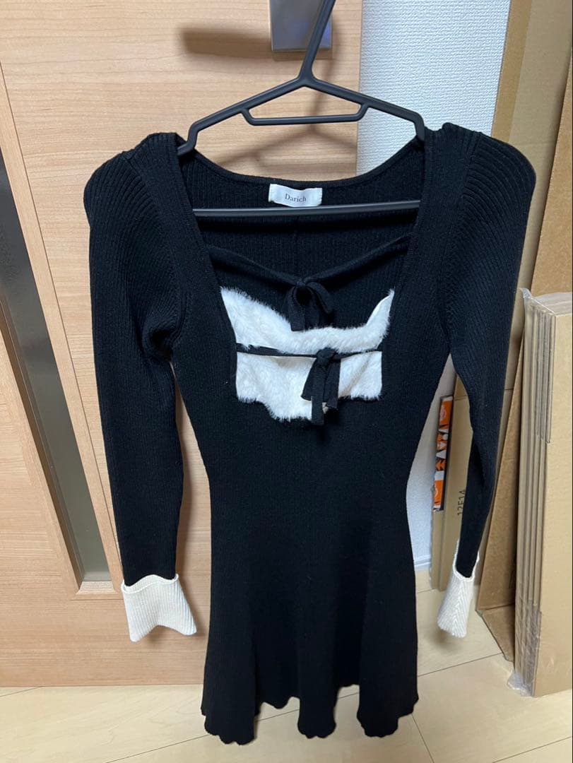 Darich リボンファーフレアニットミニワンピース