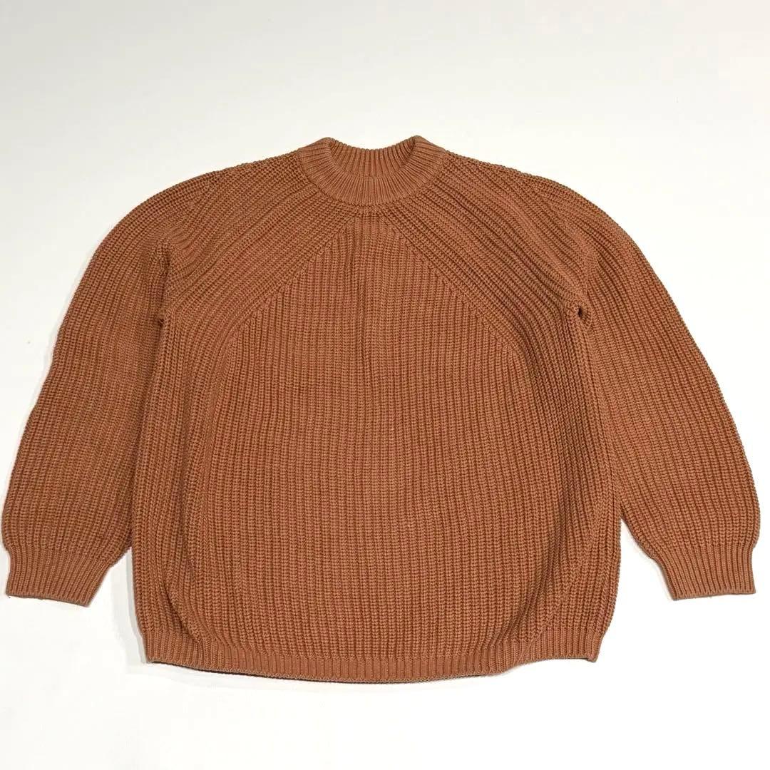 美品 バトナー BATONER コットン5ゲージ片畦クルーネックニット茶 L
