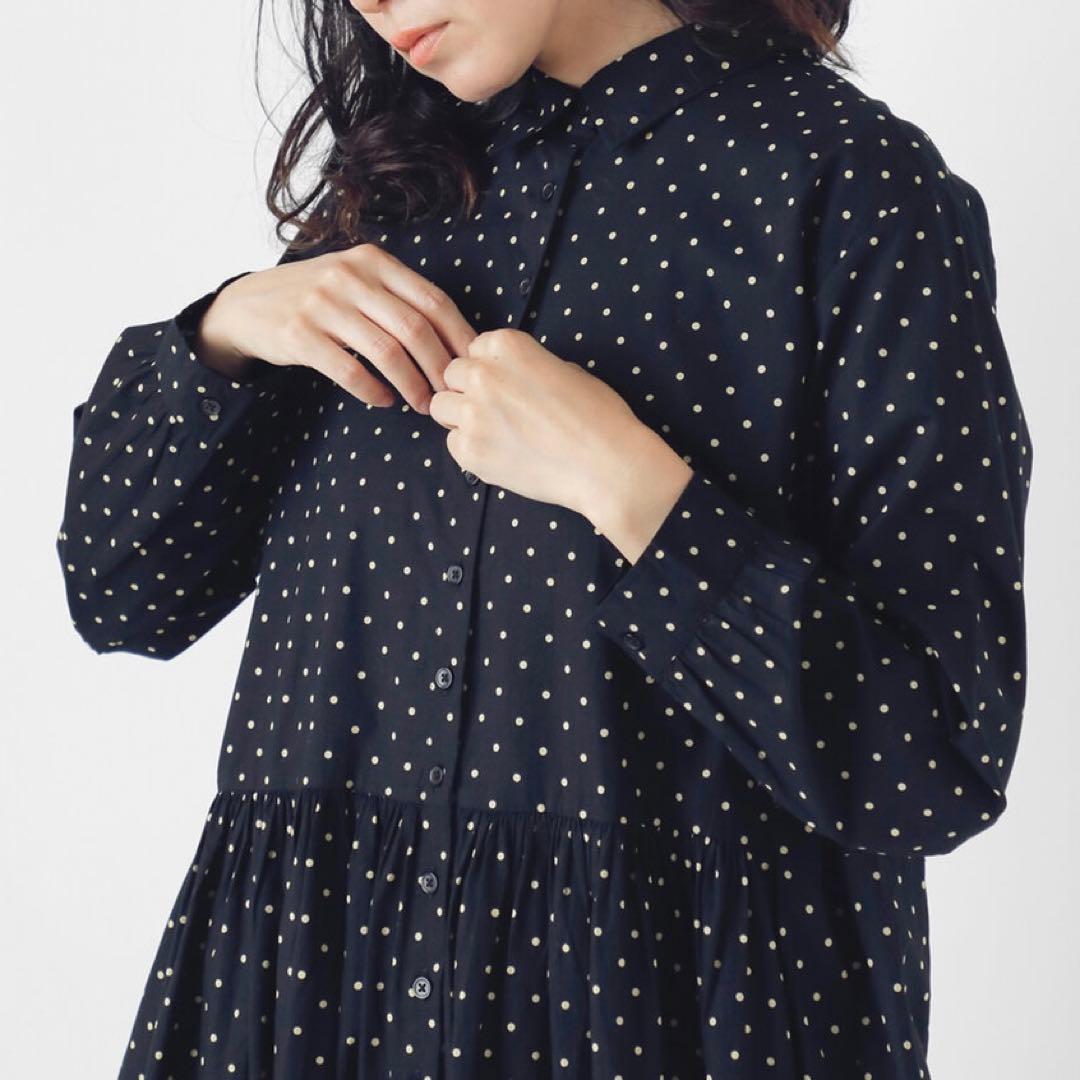 SOIL ソイル　40S ポプリン ドットプリントシャツワンピース　長袖　ロング