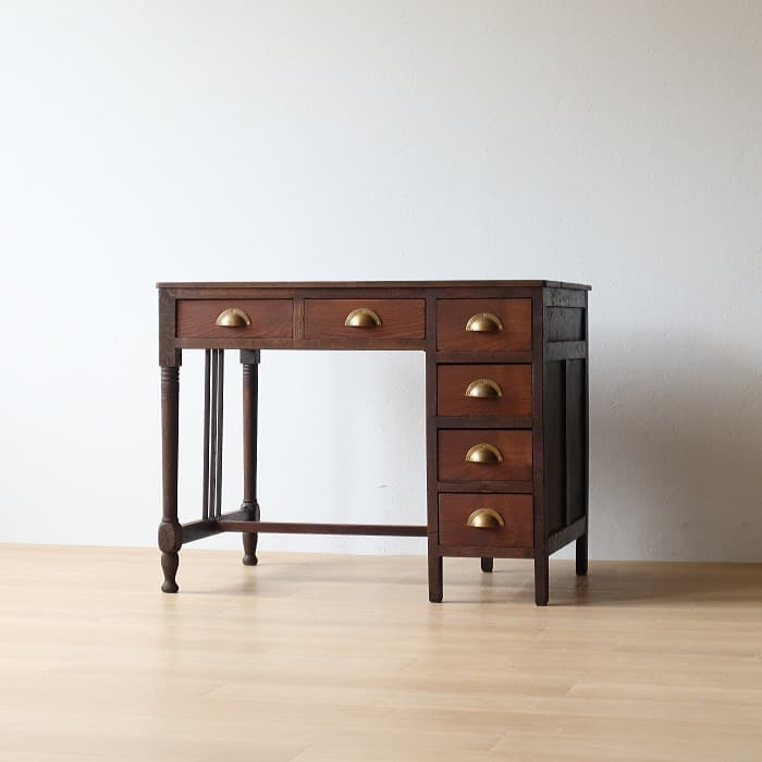 アンティーク ナラ材 ロクロ脚 片袖机 レトロ 真鍮金具 デスク 古家具