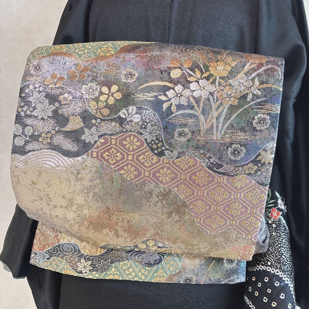 訪問着　フルセット　着物　正絹　黒　さが美　絞り　手刺繍　N1