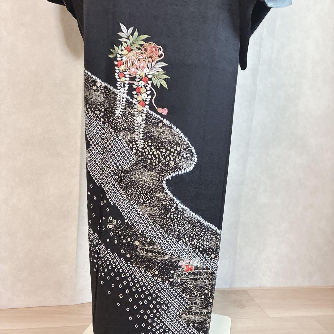訪問着　フルセット　着物　正絹　黒　さが美　絞り　手刺繍　N1