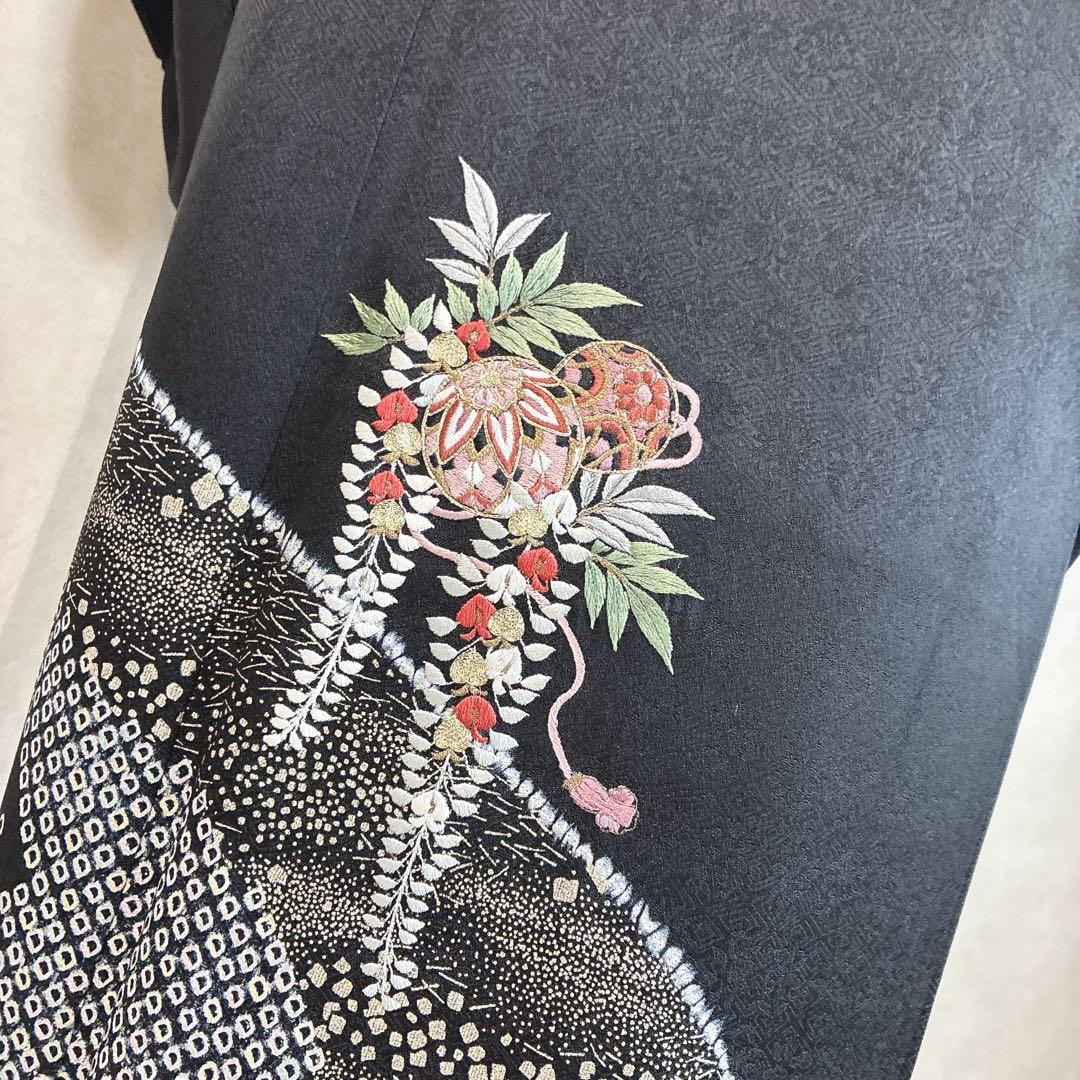 訪問着　フルセット　着物　正絹　黒　さが美　絞り　手刺繍　N1
