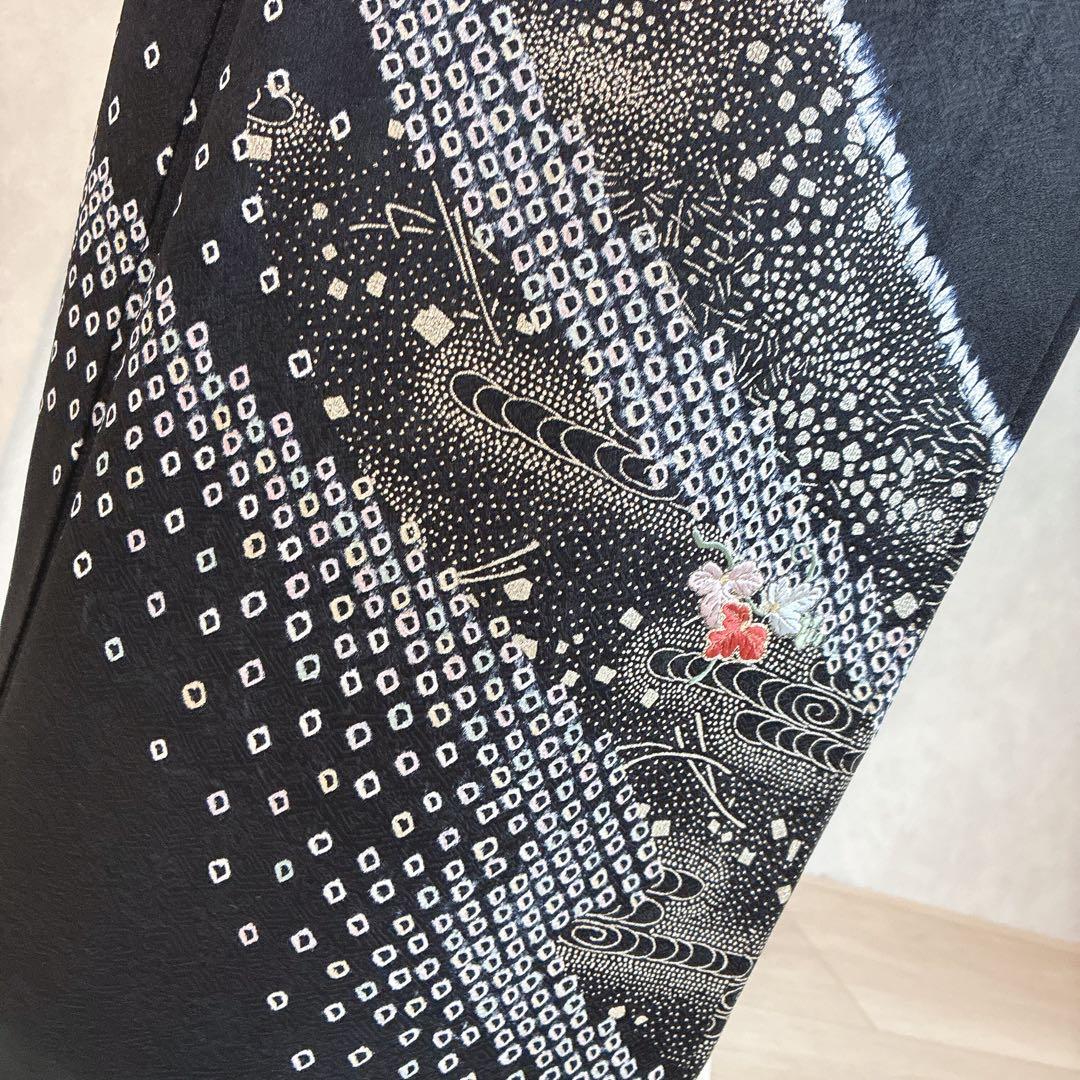 訪問着　フルセット　着物　正絹　黒　さが美　絞り　手刺繍　N1