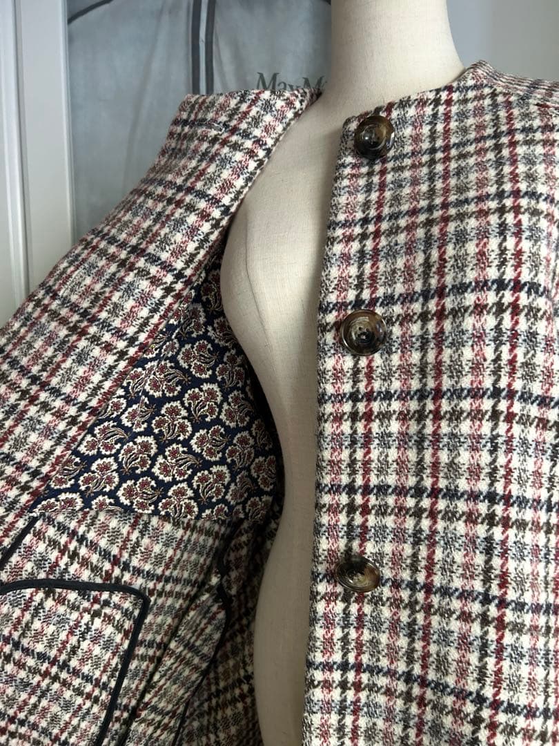 美品　2022年ロイスクレヨン チェック柄ファー別襟　素敵なデザインロングコート