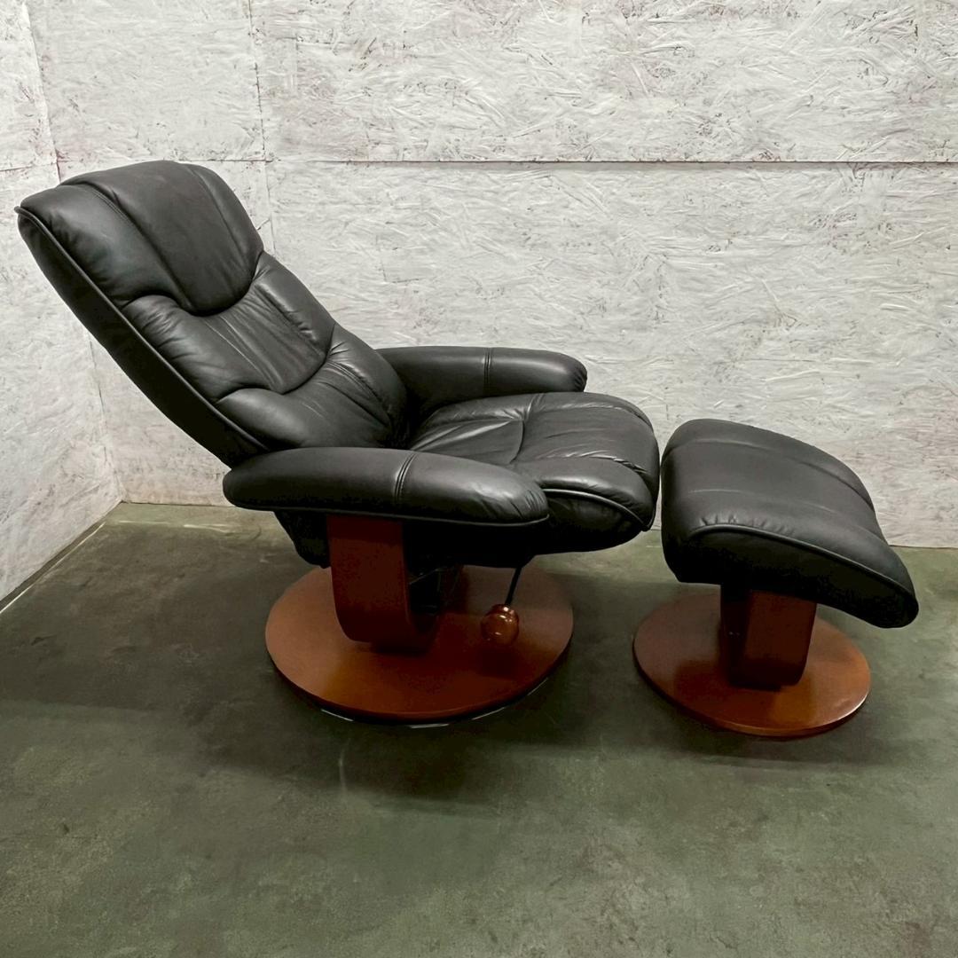 革張り パーソナルチェア オットマン ブラック リクライニングチェア A0832