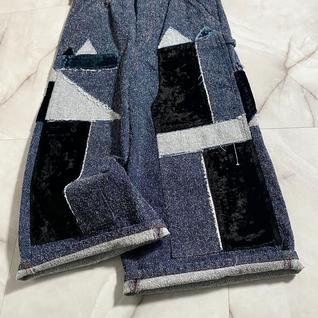 A18522 極美品 シンヤコヅカ パッチワークツイードデニムワイドパンツ L