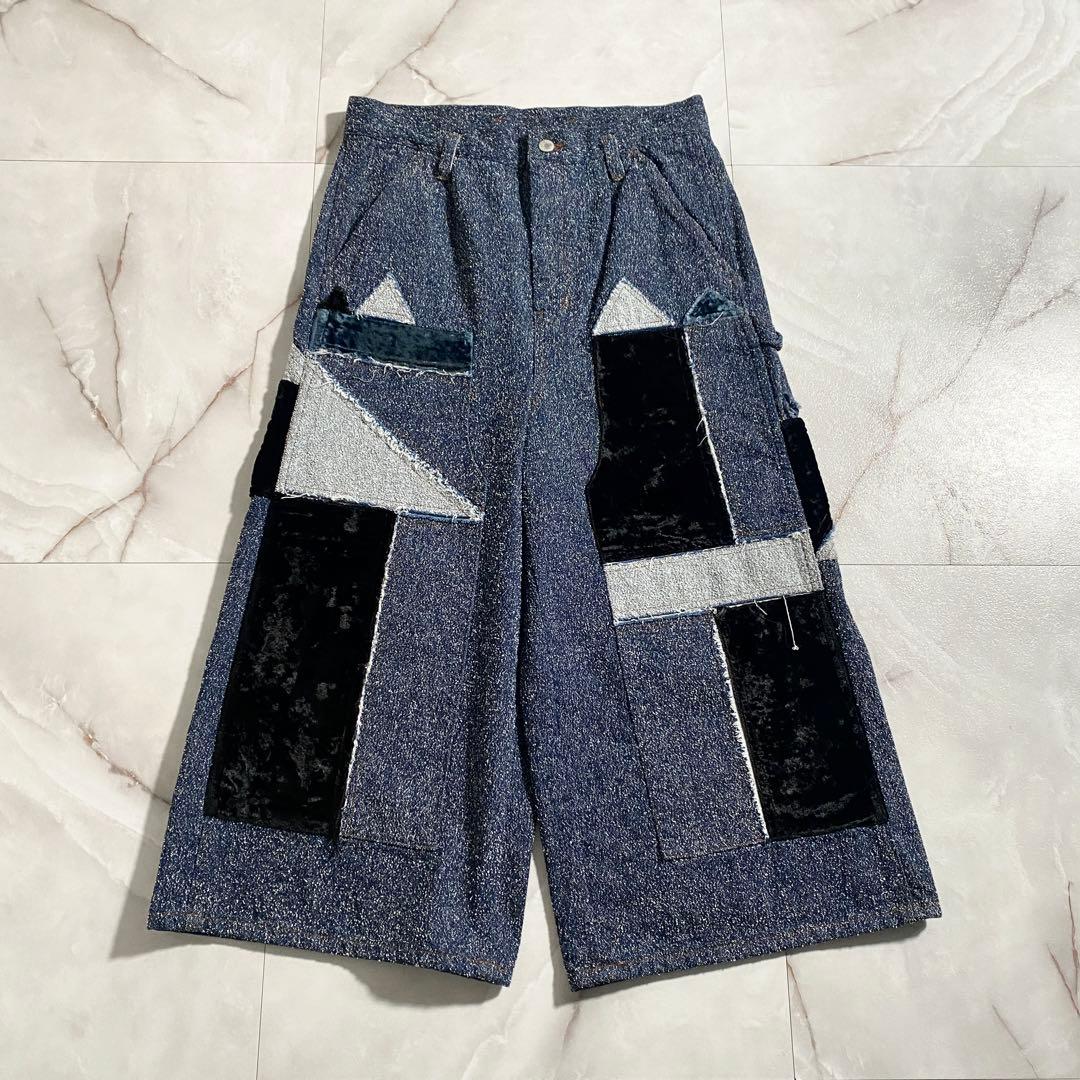 A18522 極美品 シンヤコヅカ パッチワークツイードデニムワイドパンツ L