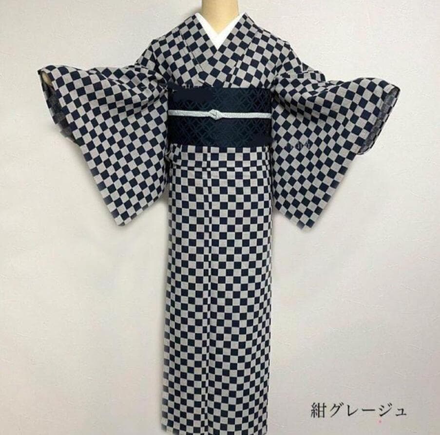 ■最高級しじら織浴衣 市松紺■反物染め抜きの抜染■着物着用可■涼し綿麻浴衣■新品