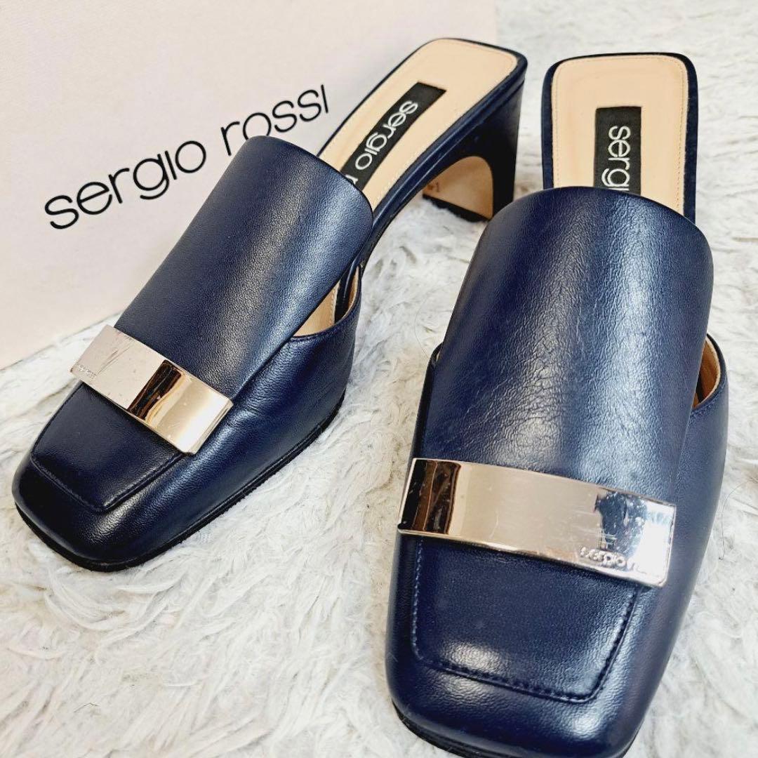 sergio rossi ネイビー スクエアトゥ ミュール