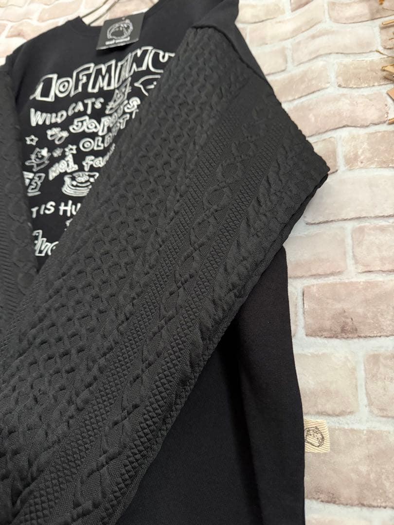 ドラッグストアーズ/モフマヌル★袖がアラン模様エンボス加工の丈長トレーナー★黒