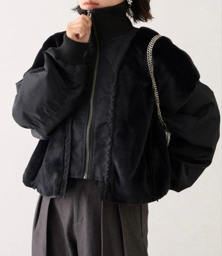 【etsinta】ファー切替ショートスタンドジャケット