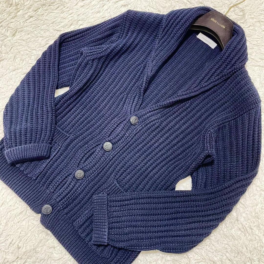 極美品 エルメネジルドゼニア ケーブルニットジャケット ショールカラー ネイビー