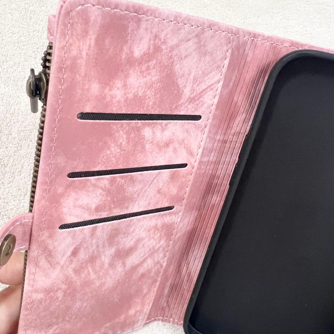 ジッパー付き iPhone 14 Plus ケース ピンク ウォレット 財布