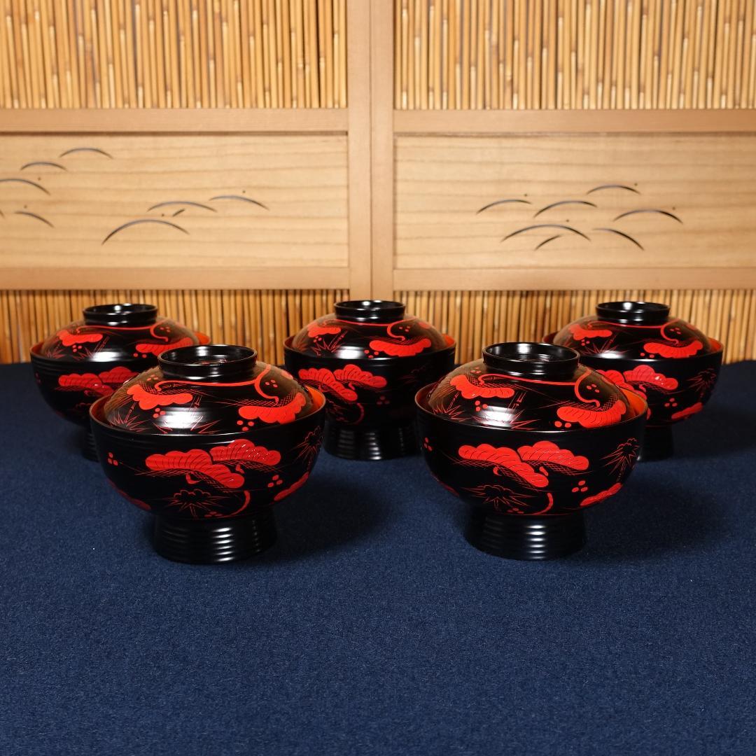 雅な逸品 天然木製 蓬莱山蒔絵 大振 煮物椀 雑煮椀 5客 共箱