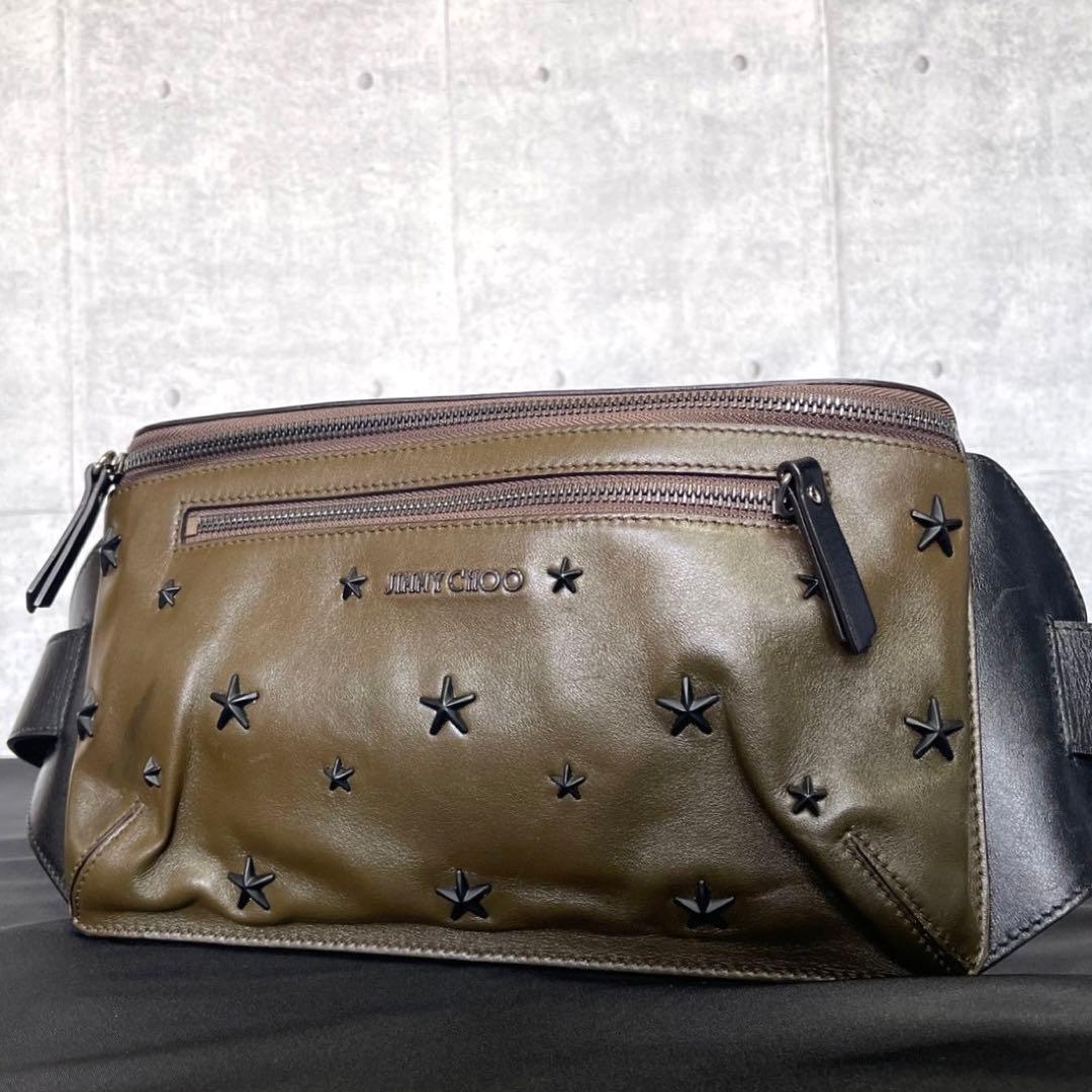 専用品JIMMY CHOO OSCAR オスカー カーキ レザー ボディバッグ