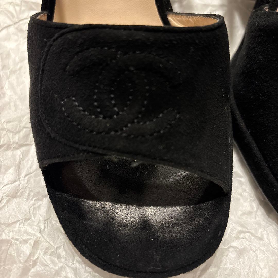 CHANEL シャネル ブラックオープントゥサンダル ベロア 37