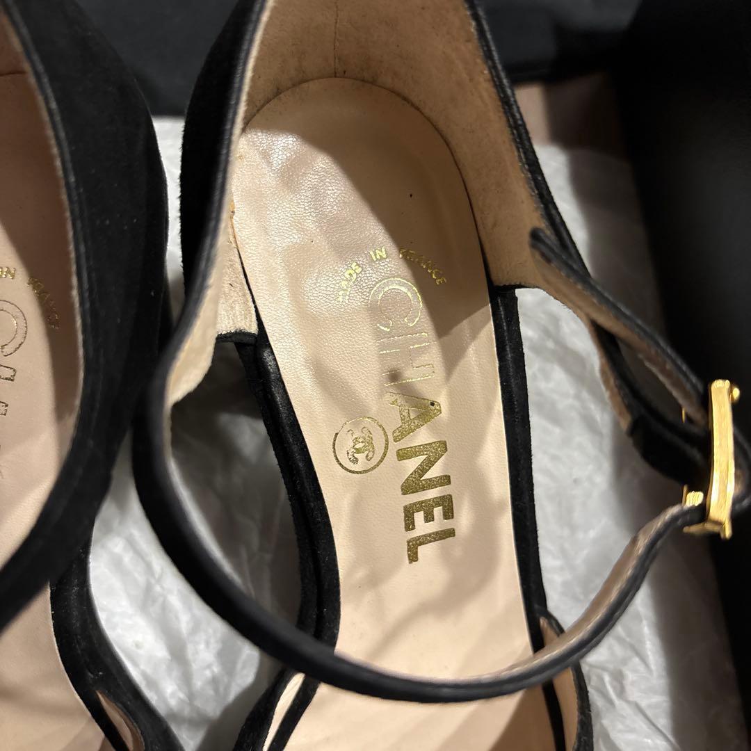 CHANEL シャネル ブラックオープントゥサンダル ベロア 37
