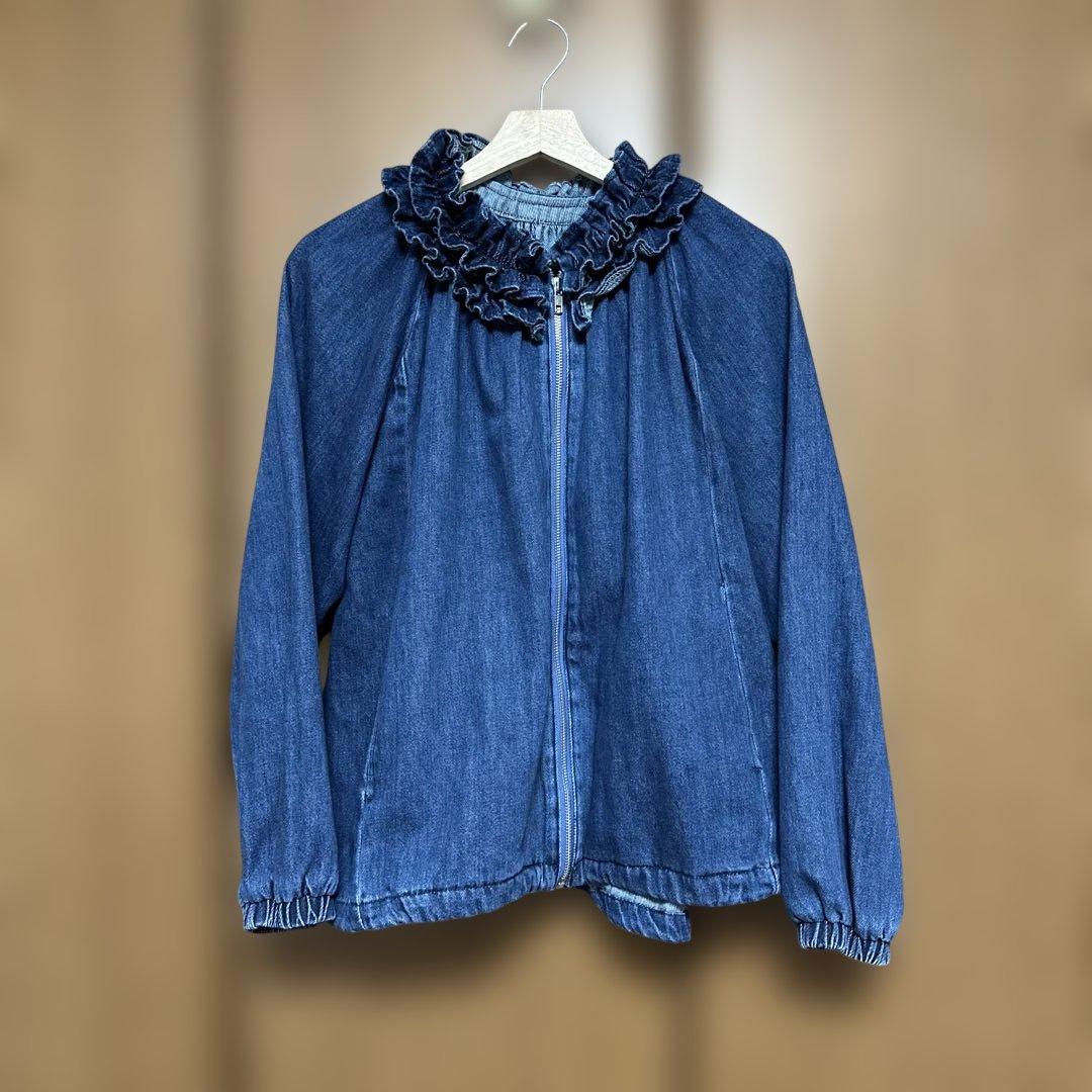 スタディオクリップ フリルカラー甘織りデニムシャツブルゾン　ブルー　フリー