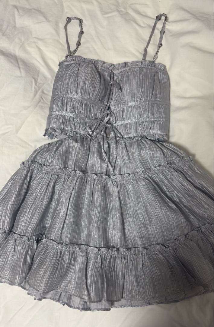 シャーリングサテンウエストスリットフレアミニキャバドレス(fm3377)(あお)