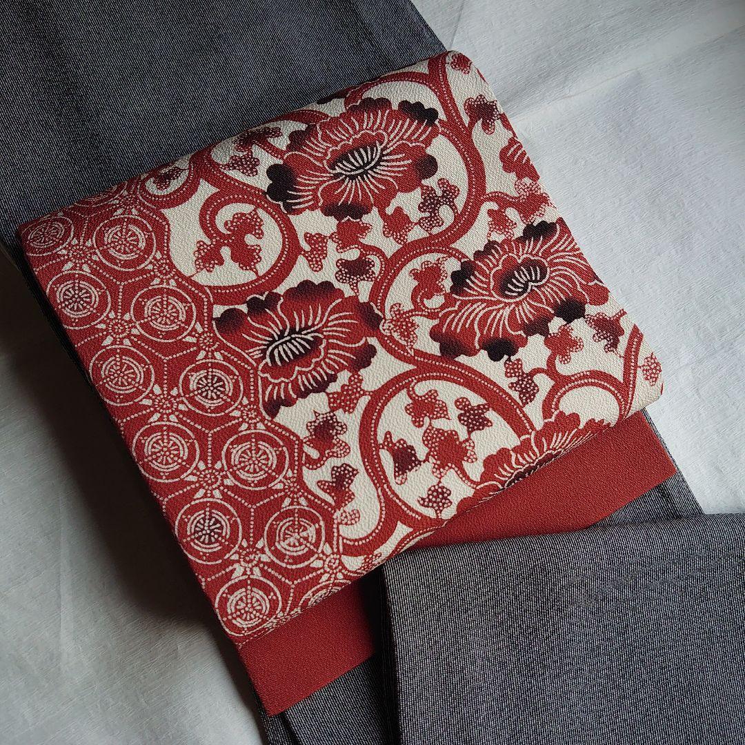 大人可愛い花唐草模様 草木手染めのちりめん開き名古屋帯