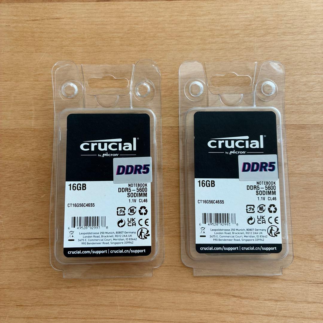 Crucial 32GB DDR5 5600MHz SODIMM 16GB×2枚