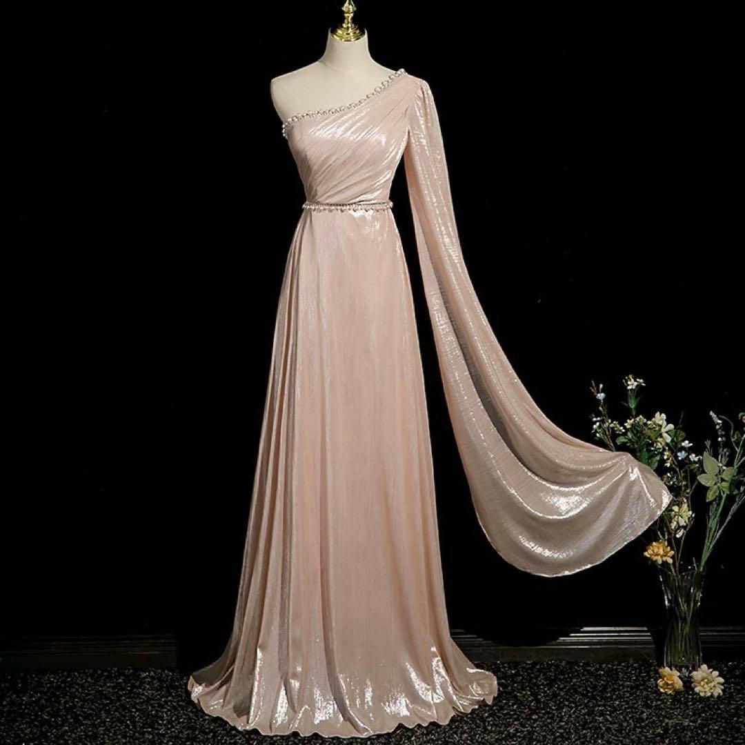 光沢感ある生地にパールが美しい ワンショル イブニングドレス