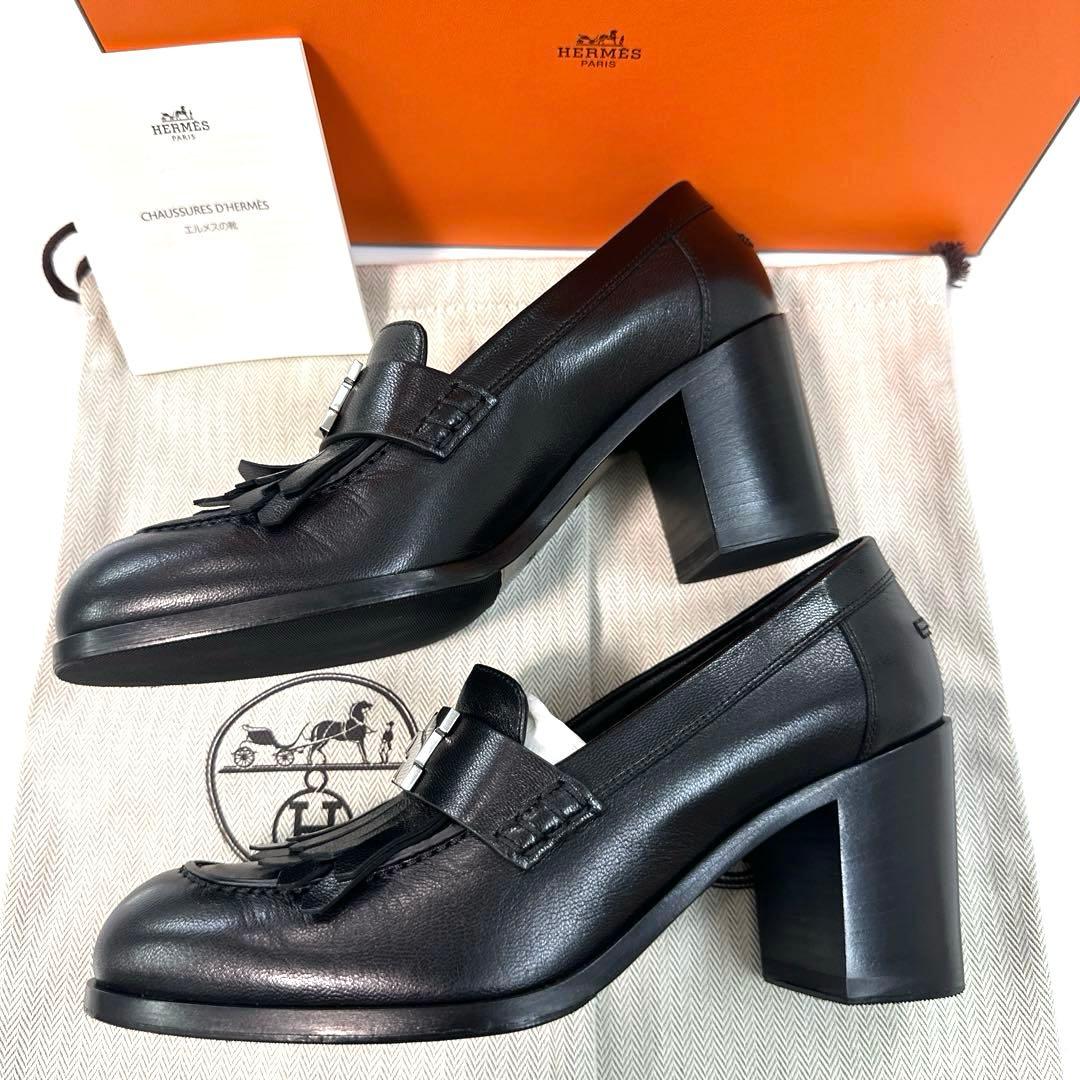新品　エルメス　エリゼ　レザー　ヒール　ローファー　モカシン　黒　37 1/2