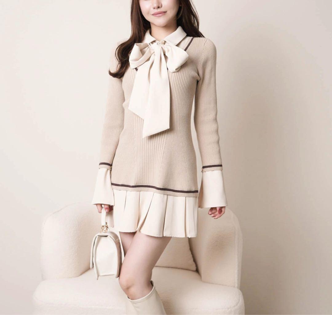 11新品リップサービス定価13750円シャツドッキングプリーツワンピースベージュ