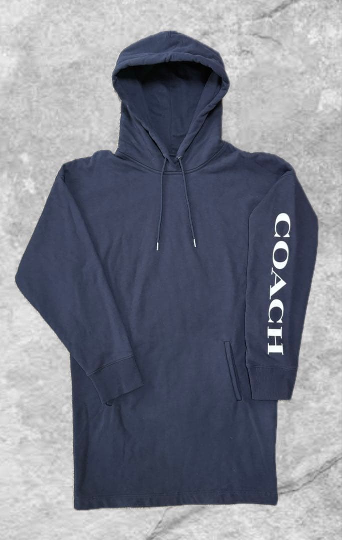 COACH 袖ロゴ スウェットパーカーワンピース XS 黒　コーチ　ネイビー