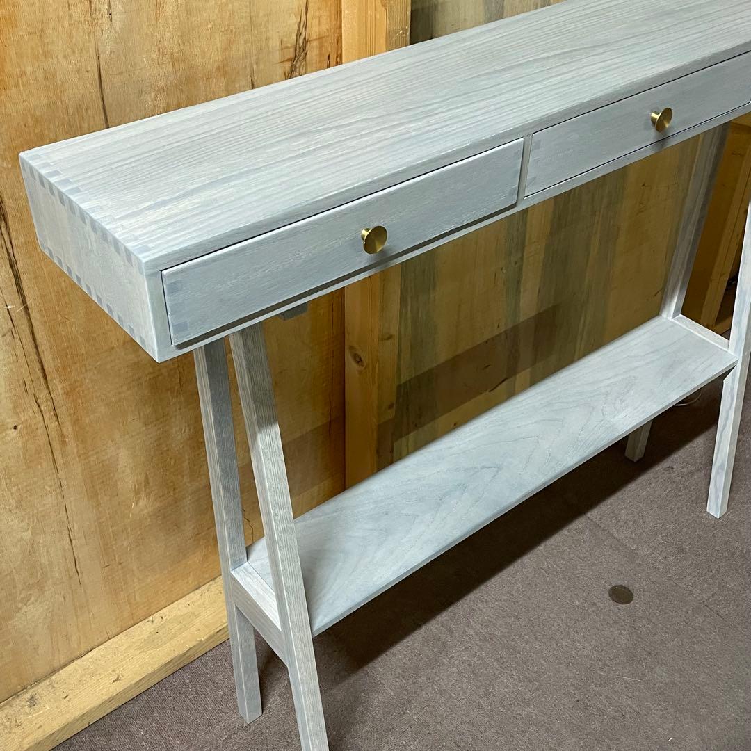 【美品】大川家具 境木工 コンソールテーブル 長机 ジンダイ グレーブルー