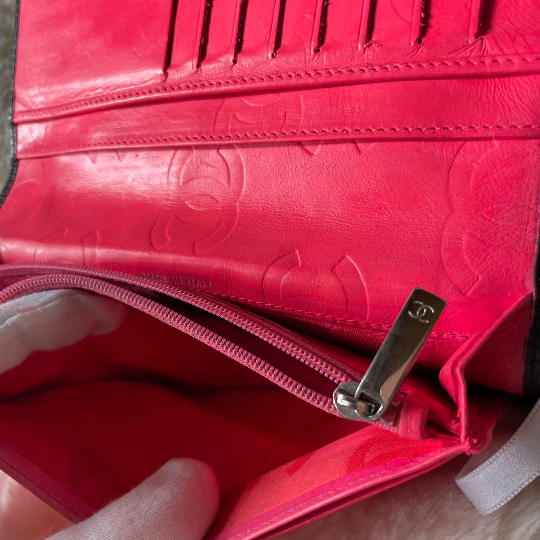 シャネル CHANEL 財布 二つ折りカンボンライン ココ 黒 白 ピンク